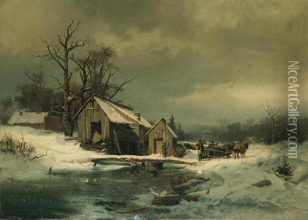 Vinterlandskap Med Lekande Barn Och Hastekipage Oil Painting - Gustaf Rydberg