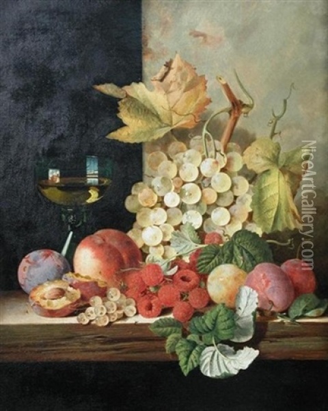 A Still Life Of A Roemer With A Bunch Of Grapes, Peaches And Raspberries On A Ledge Oil Painting - Edward Ladell