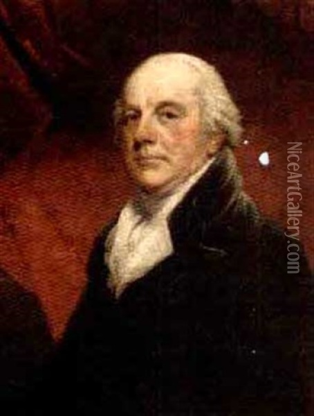 Portrait Of J. Cotes M.p. In A White Cravat And Black Coatet, Before A Red Drape Oil Painting - Sir John Hoppner
