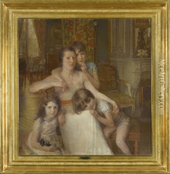Madame Lionel-dupont Et Ses Trois Enfants Dans Le Salon Du Chateau De Varieca, 1936 Oil Painting - Francois Joseph Guiguet
