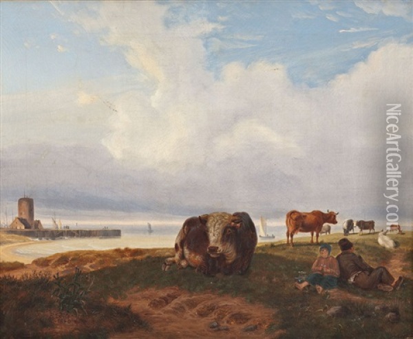 Kuhe An Der Kuste Oil Painting - Friedrich Karl Joseph Simmler