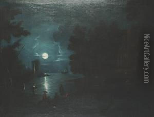 A Moonlit Estuary Scene, With Figures Around A Fire Oil Painting - Abraham Pether
