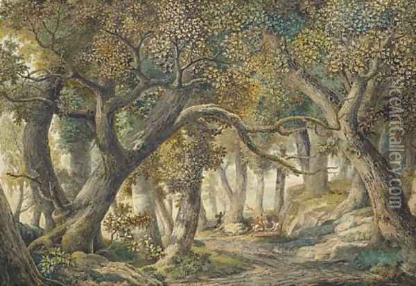 A wooded landscape with a stag hunt Oil Painting - Louis Francois Cassas