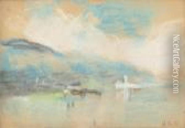 A Lake Set Against The Mountains: A Souvenir Of Turner Oil Painting - Hercules Brabazon Brabazon