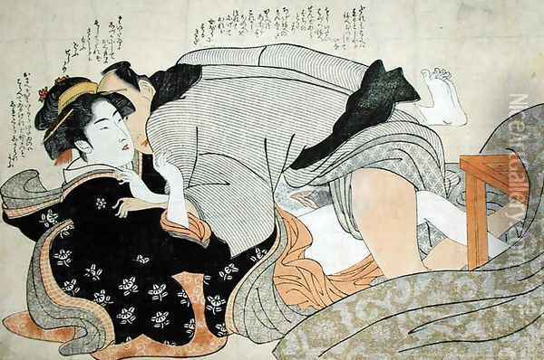 A Shunga Scene Oil Painting - Katsukawa Shunsho
