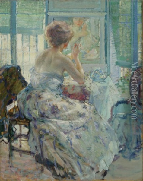 Woman At Her Vanity With Earring, 1910-1914 Oil Painting - Richard Edward Miller