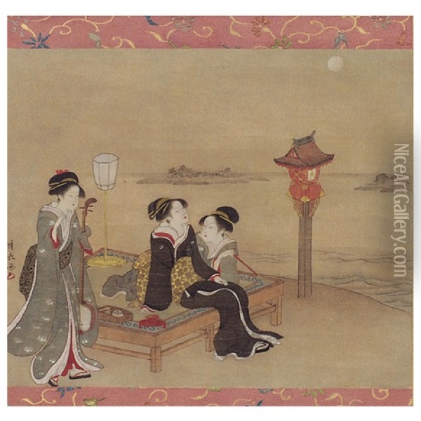 Masaki No Tsukimi Zu - Moon Viewing In Masaki Oil Painting - Torii Kiyonaga