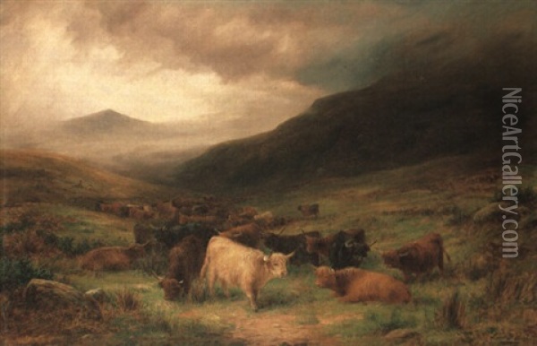 Highland Cattle Resting In A Mountainous Landscape Oil Painting - Louis Bosworth Hurt