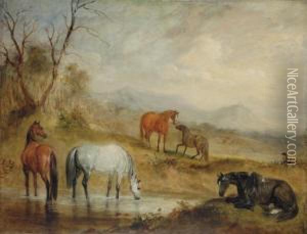 Horses At A Stream In An Extensive Mountainous Landscape Oil Painting - John Jnr. Ferneley