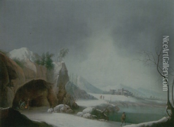 A Winter Landscape With Travellers Gathered Around A Fire In A Grotto, Overlooking A Lake, A Monastery Beyond Oil Painting - Francesco Foschi
