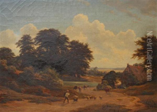 Herdsman In A Landscape Oil Painting - Georg Haeselich