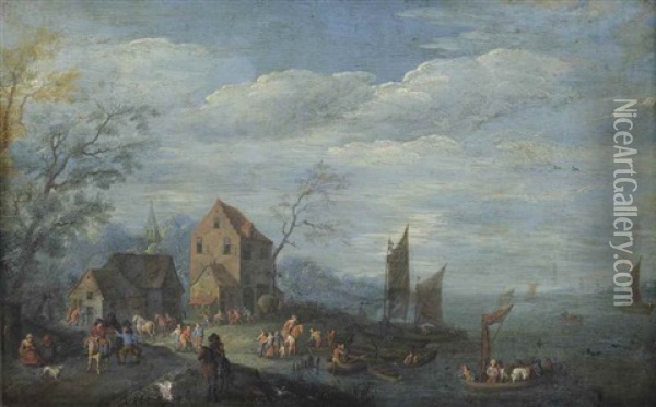 A View Of A Village With Numerous Figures On The Riverbank Oil Painting - Joseph van Bredael