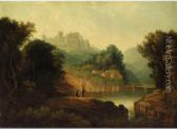 A River Landcsape With Fishermen In The Foreground And A Ruined Castle On A Hill Beyond Oil Painting - Thomas Walmsley