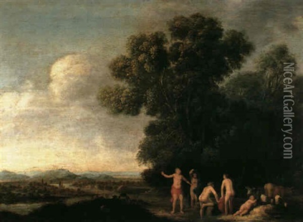 Figures Bathing At The Edge Of A Wood Overlooking A River   Valley Oil Painting - Dirk Dalens the Elder