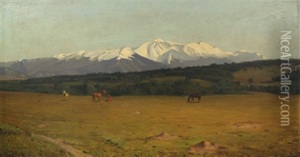 Mountain Landscape With Horses Oil Painting - Georgi Zakharovich Bashinzhagyan