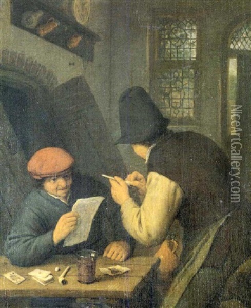 The Interior Of An Inn With A Boor Reading, Another Filling His Pipe Oil Painting - Adriaen Jansz van Ostade