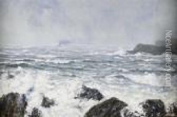 Waves Breaking On A Deserted Rocky Coast Oil Painting - Joseph Henderson