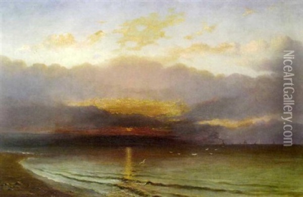 Seascape At Sunset With Distant Shipping Oil Painting - James Francis Danby