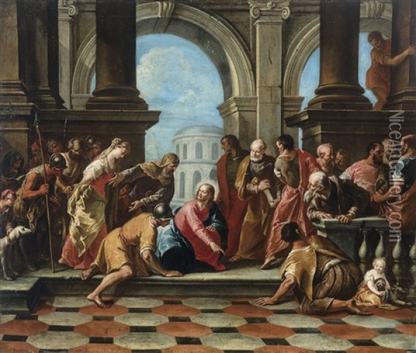 Christ And The Woman Taken In Adultery Oil Painting - Francesco Battaglioli