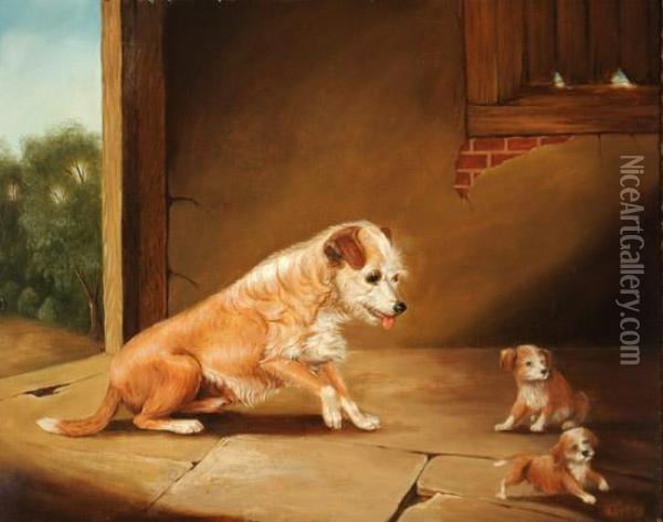 Teaching The Pups Oil Painting - E. Brown