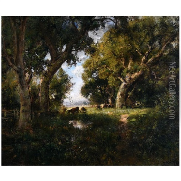 Cattle In Grove Near San Rafael Oil Painting - William Keith