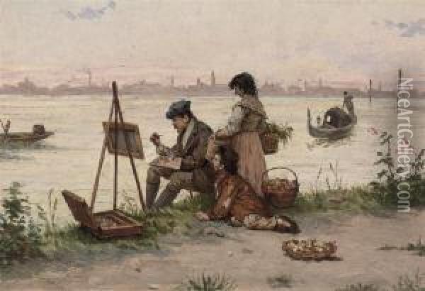 An Artist On The Shore, Venice In The Distance Oil Painting - Antonio Paoletti