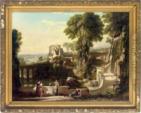 Figures In An Italian Capriccio Oil Painting - Claude Lorrain (Gellee)