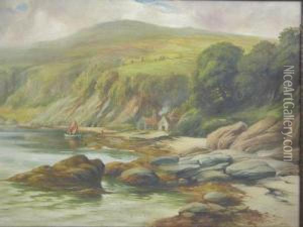 Quiet Cove With Fishermans Boathouses And Distant Hills Oil Painting - George Pretty