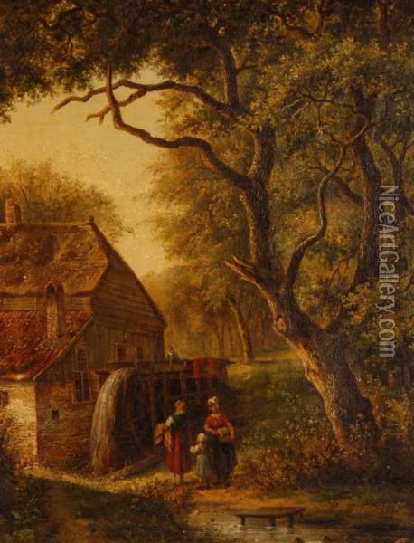 Country Figures By An Old Stone Watermill Oil Painting - Barend Cornelis Koekkoek