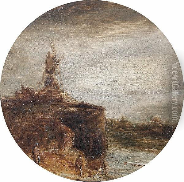 A Windmill Atop A Cliff With Figures In The Foreground Oil Painting - Aert van der Neer