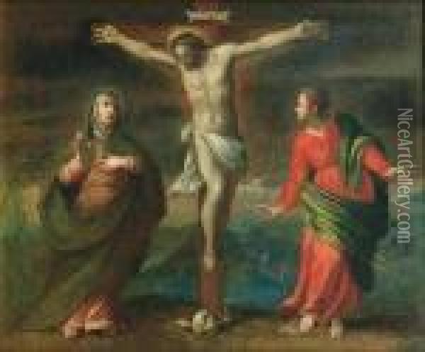 Cristo Crocefisso Fra La Madonna E San Giovannievangelista Oil Painting - Acopo D'Antonio Negretti (see Palma Giovane)
