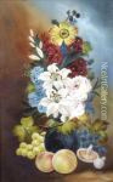 Rayworth Stilllife Of Flowers And Fruits Oil Painting - William Henry Raworth