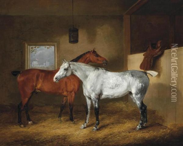 A Dappled Grey And A Chestnut Hunter In A Stable, With Windsor Castle Beyond Oil Painting - Edmund Bristow