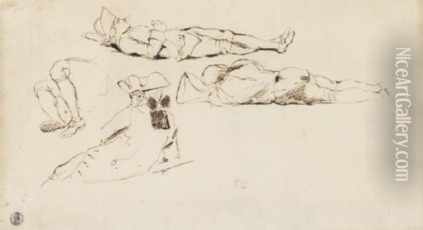 Trois Soldats Allonges Et 
Coiffes De Chapeaux A Tricornes Et Une Etude Subsidiaire De Jambes Oil Painting - Eugene Delacroix