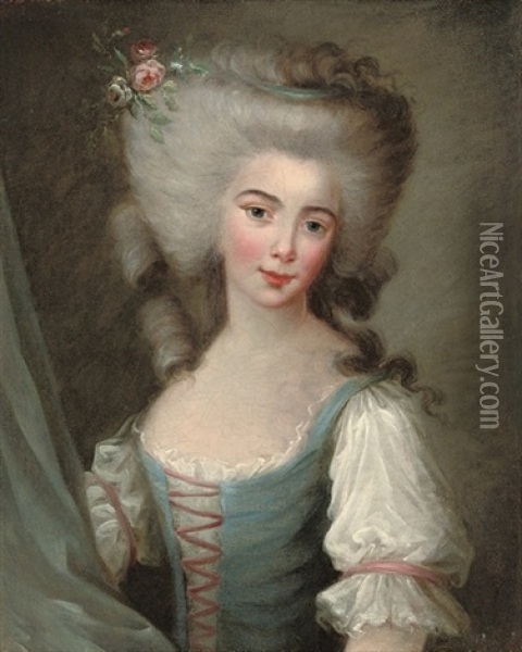 Portrait Of A Lady, Half-length, In A Blue Bodice With Pink Ribbons, Flowers In Her Hair Oil Painting - Jean-Frederic Schall