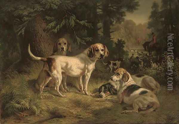 Hounds resting in a woodland clearing with huntsmen beyond Oil Painting - Benno Adam