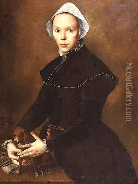 Portrait of a lady with a lapdog on a table Oil Painting - Pieter Pietersz