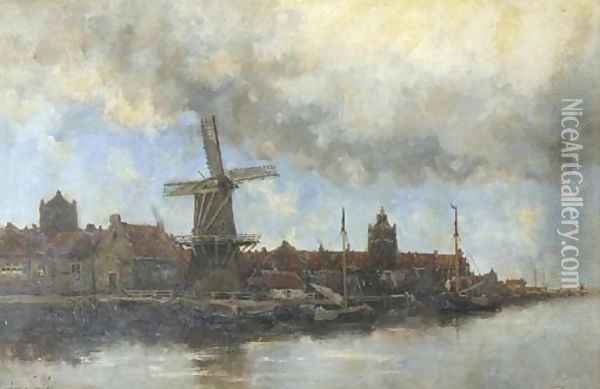 A view of a Dutch town along a river Oil Painting - Hermanus Koekkoek