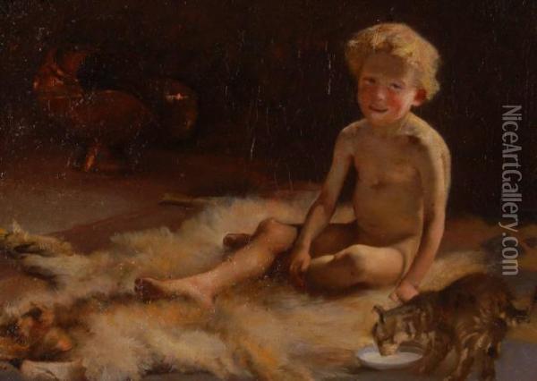 Young Boy With Cat On A Fur Rug Oil Painting - Cecil W. Rae