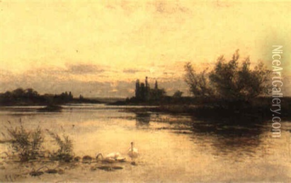 Swans On A River Oil Painting - Alfred Augustus Glendening Sr.