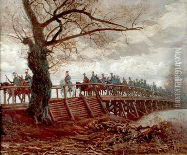 Przejscie Przez Most Na Styrze I Pulku Ulanow Legionow Polskich Oil Painting - Zygmunt Rozwadowski