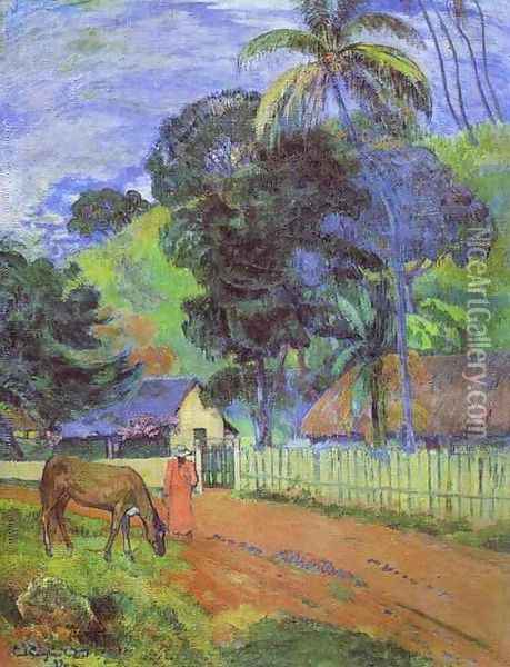 Horse On Road Tahitian Landscape Oil Painting - Paul Gauguin