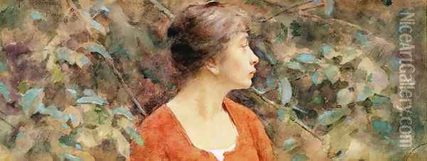 Lady In Red Oil Painting - Theodore Robinson