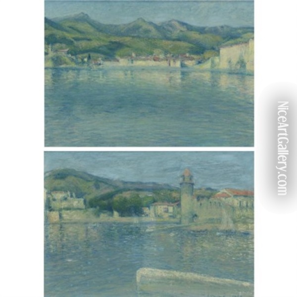Vue Du Port De Collioure Depuis La Pointe Saint Vincent (diptych) Oil Painting - Achille Lauge