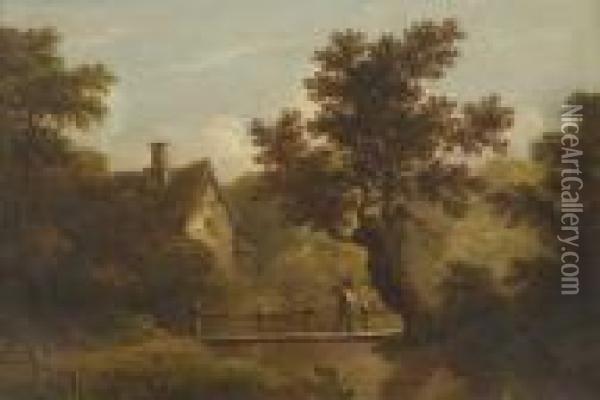 A Figure Crossing A Wooden Bridge Before A Cottage Oil Painting - Patrick, Peter Nasmyth