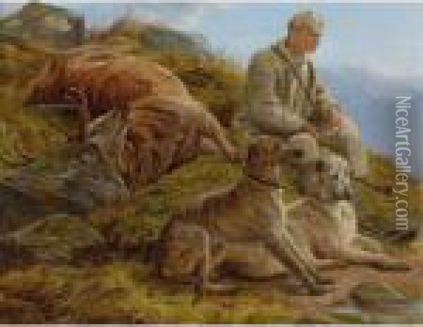 Gillie And Deerhounds At The End Of The Day In The Scottish Highlands Oil Painting - Richard Ansdell