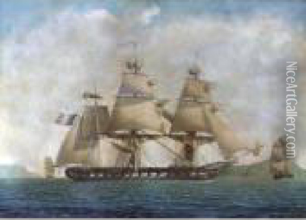 A Forty-gun French Frigate Off The Mediterranean Coast Oil Painting - Frederic Roux
