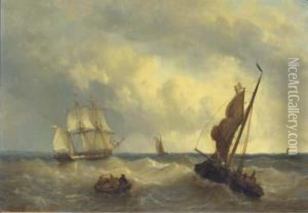 A Three-master And Other Vessels On Choppy Water Oil Painting - George Willem Opdenhoff