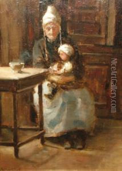 1919-old Lady With A Child Seated In An Interior Oil Painting - Arthur George Bell