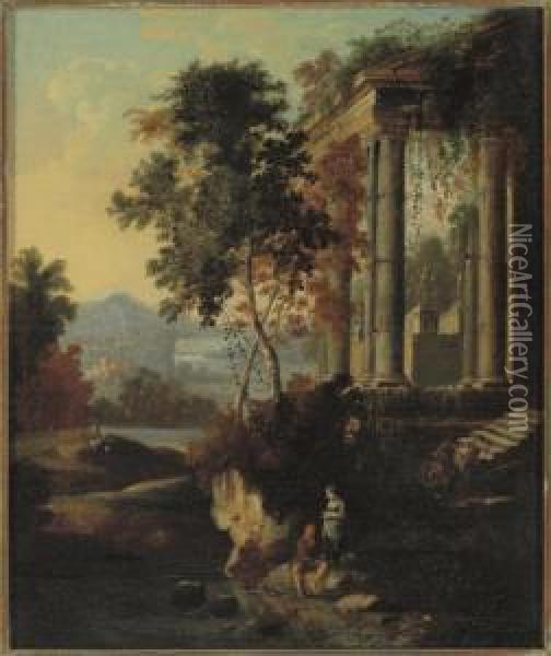 A Woman And A Man Fishing By A Classical Ruin, An Extensivelandscape Beyond Oil Painting - Pierre-Antoine Patel